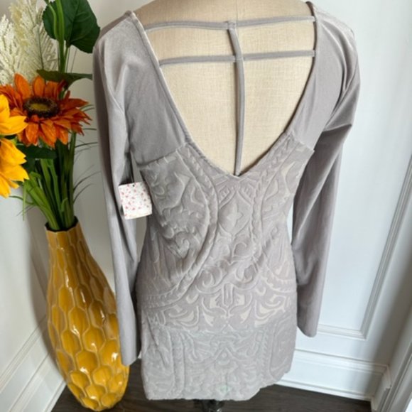Free People NWT Silver Gray Damask Pattern Velour Dress - Picture 7 of 16